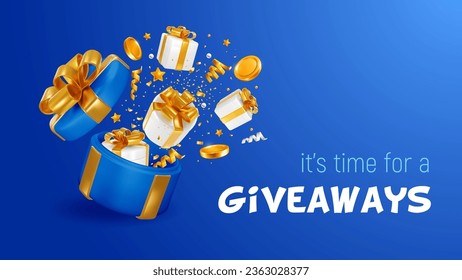 Giveaway, sale or win, conceptual advertising luxury banner template. 3d realistic open gift box, gifts, coins and confetti fly out from it, like explosion on blue background. Vector illustration