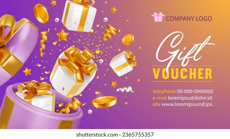 Giveaway, sale or win, conceptual gift voucher template. 3d realistic open gift box, gifts, coins and confetti fly out from it, like explosion on pink background. Vector illustration