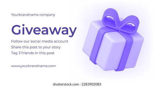 Giveaway social media advertising event promo banner with festive gift box 3d icon template vector illustration. Online marketing competition blogger business communication with place for text