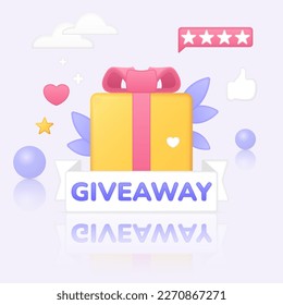 Giveaway in social media design template vector illustration. Cartoon 3D gift with box ribbon, thumbs up and heart emoji and rating stars of review for winner in contest, competition or lottery