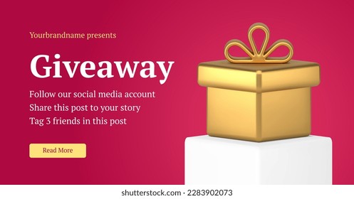 Giveaway social networks online competition with luxury present surprise promotion banner with place for text vector illustration. Promo marketing online event blogger mass media landing page