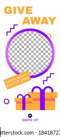 Giveaway story. Abstract minimal social media story template. Vector info screen editable with gift box illustration