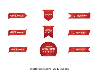 Giveaway tags or labels for social media post. Red announcement 3d banners giveaway contest ribbons