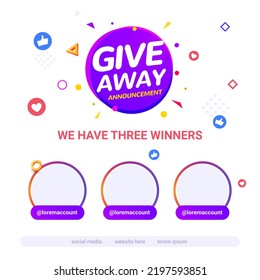 Giveaway template congratulation winner contest prize poster design. Giveaway event banner winner template vector