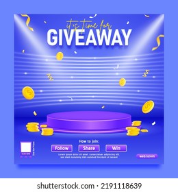 Giveaway template with podium and spotlight, flying golds coin, neon line background