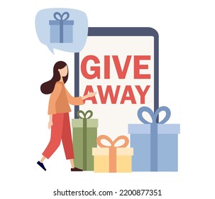 Giveaway text on smartphone screen. Gift boxes icon. Social network promo, gift advertisement, surprise package, follower reward for like or repost concept. Vector flat illustration