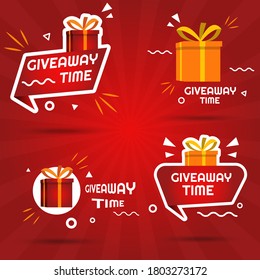 Deleitando plantillas vectoriales de banner de tiempo para medios sociales y competencia, ganadores, premios y cajas de regalo sobre fondo rojo. Conjunto de ilustraciones de regalo. Vector Eps 10