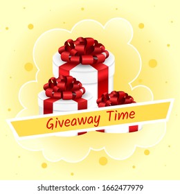 Giveaway time gift for social media posts and website vector flyers with square box and ribbon