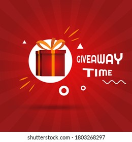 Giveaway time vector illustration template, surprise gift box for winner on red background. Eps 10 vector