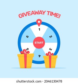 Giveaway time with wheel spinner door prize vector illustration for online social media poster competition design