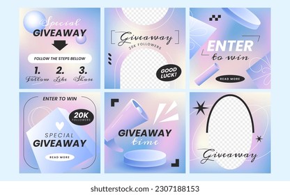 Giveaway trendy posters or banners template. Social media story design. Set of puzzle gift post collection for winner announcement vector illustration. Mockup cards for advertising with photo frames.