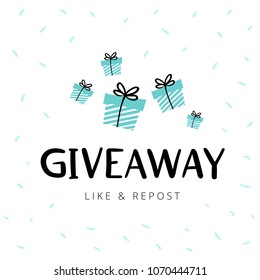 Giveaway vector illustration for promotion in social network. Advertizing of giving present fo like or repost. Decoration banner for business account.   Text "Giveaway" written by lettering font.