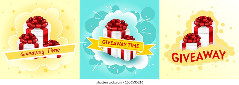 Giveaway vector illustration for promotion in social network. Announcement gifts posters, internet blogger or shop random quiz event flyer vector illustration set