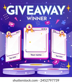 Giveaway winner announcement. Colorful banner with copy space for presenting and awarding winners. Social media post template for blog. Victory and celebration. Cartoon flat vector illustration