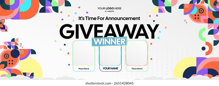 Giveaway winner announcement design with colorful geometric ornaments. Giveaway winner announcement with three winners. Horizontal wide banner, suitable for big mega sale, web and business themes
