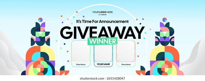 Giveaway winner announcement design with colorful geometric ornaments. Giveaway winner announcement with three winners. Horizontal wide banner, suitable for big mega sale, web and business themes