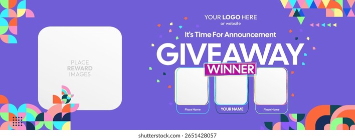 Giveaway winner announcement design with colorful geometric ornaments. Giveaway winner announcement with three winners. Horizontal wide banner, suitable for big mega sale, web and business themes