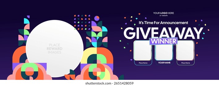Giveaway winner announcement design with colorful geometric ornaments. Giveaway winner announcement with three winners. Horizontal wide banner, suitable for big mega sale, web and business themes