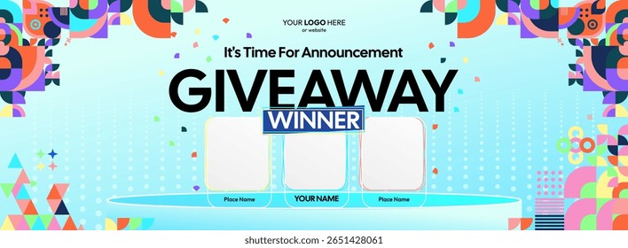 Giveaway winner announcement design with colorful geometric ornaments. Giveaway winner announcement with three winners. Horizontal wide banner, suitable for big mega sale, web and business themes