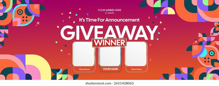Giveaway winner announcement design with colorful geometric ornaments. Giveaway winner announcement with three winners. Horizontal wide banner, suitable for big mega sale, web and business themes