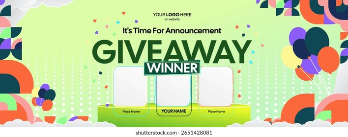 Giveaway winner announcement design with colorful geometric ornaments. Giveaway winner announcement with three winners. Horizontal wide banner, suitable for big mega sale, web and business themes