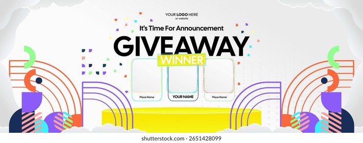 Giveaway winner announcement design with colorful geometric ornaments. Giveaway winner announcement with three winners. Horizontal wide banner, suitable for big mega sale, web and business themes