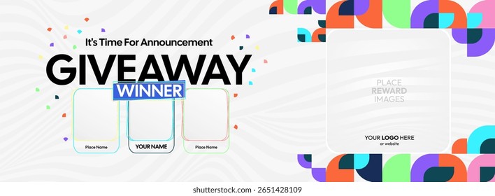 Giveaway winner announcement design with colorful geometric ornaments. Giveaway winner announcement with three winners. Horizontal wide banner, suitable for big mega sale, web and business themes