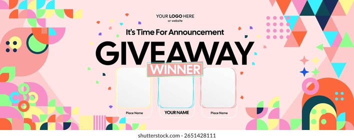 Giveaway winner announcement design with colorful geometric ornaments. Giveaway winner announcement with three winners. Horizontal wide banner, suitable for big mega sale, web and business themes