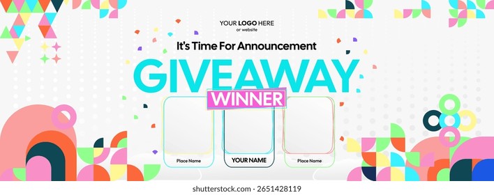 Giveaway winner announcement design with colorful geometric ornaments. Giveaway winner announcement with three winners. Horizontal wide banner, suitable for big mega sale, web and business themes