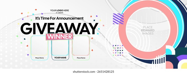 Giveaway winner announcement design with colorful geometric ornaments. Giveaway winner announcement with three winners. Horizontal wide banner, suitable for big mega sale, web and business themes