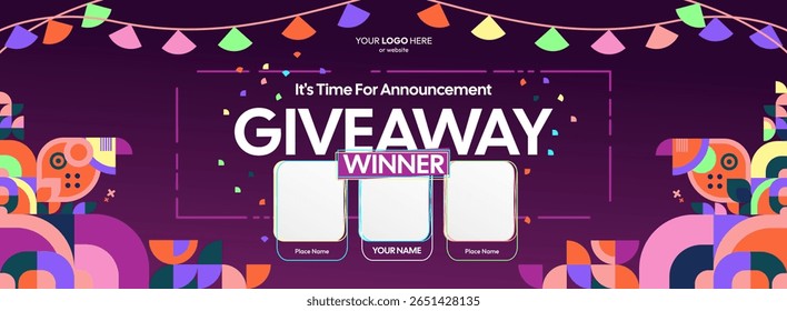 Giveaway winner announcement design with colorful geometric ornaments. Giveaway winner announcement with three winners. Horizontal wide banner, suitable for big mega sale, web and business themes