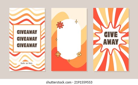 Giveaway winner announcement social media ig story template. Funky nostalgic design. Retro 60s 70s aesthetic backdrops, vintage wavy distorted backgrounds. Set of vertical posters in Y2K style. Vector