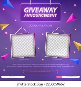 Giveaway winner announcement social media post template. Vector illustration