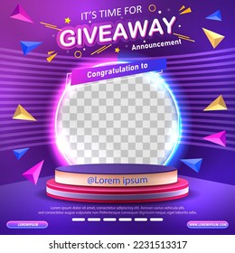 Giveaway winner announcement social media post template. Vector illustration