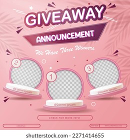 Giveaway winner announcement social media post template. Giveaway winner announcement with three winners. Vector illustration