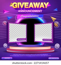 Giveaway winner announcement social media post template. Giveaway winner announcement with two winners. Vector illustration