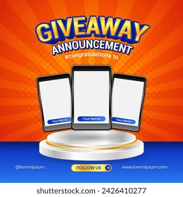 Giveaway winner announcement social media post banner template with 3d podium element