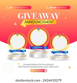 Giveaway winner announcement social media post banner template with 3d podium element