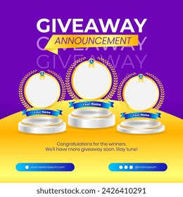 Giveaway winner announcement social media post banner template with 3d podium element