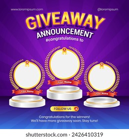 Giveaway winner announcement social media post banner template with 3d podium element