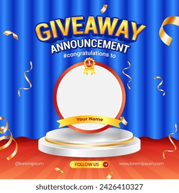 Giveaway winner announcement social media post banner template with 3d podium element