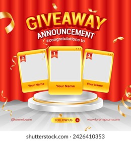 Giveaway winner announcement social media post banner template with 3d podium element