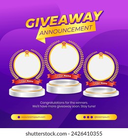 Giveaway winner announcement social media post banner template with 3d podium element