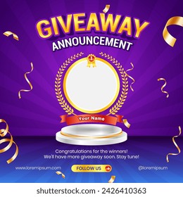 Giveaway winner announcement social media post banner template with 3d podium element