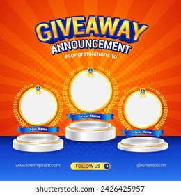 Giveaway winner announcement social media post banner template with 3d podium element