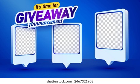 Giveaway winner announcement social media post template. Giveaway winner announcement with three winners. Vector illustration