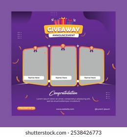 Giveaway winner announcement social media post square banner template