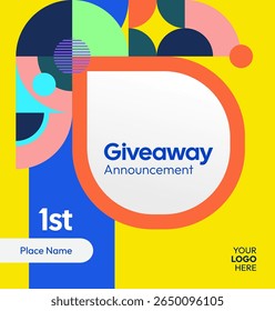 Giveaway winner announcement social media post template with colorful geometric ornaments. Perfect for business marketing and web ads. Festive giveaway background