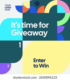 Giveaway winner announcement social media post template with colorful geometric ornaments. Perfect for business marketing and web ads. Festive giveaway background