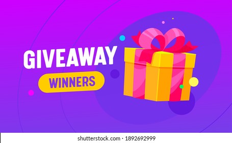 Giveaway Winner Banner with Gift Box, Promotion Contest or Competition Free Prize, Holidays Shopping Present Wrapped with Ribbon for Social Media Promo Advertising Campaign. Cartoon Vector Poster